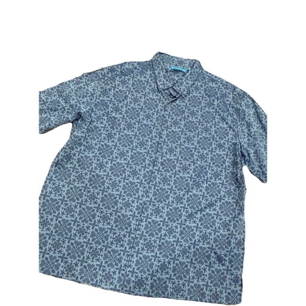 Tori Richard Shirt Men's XL Blue Button Up Hawaiian Palm Leaf Cotton Lawn Aloha
